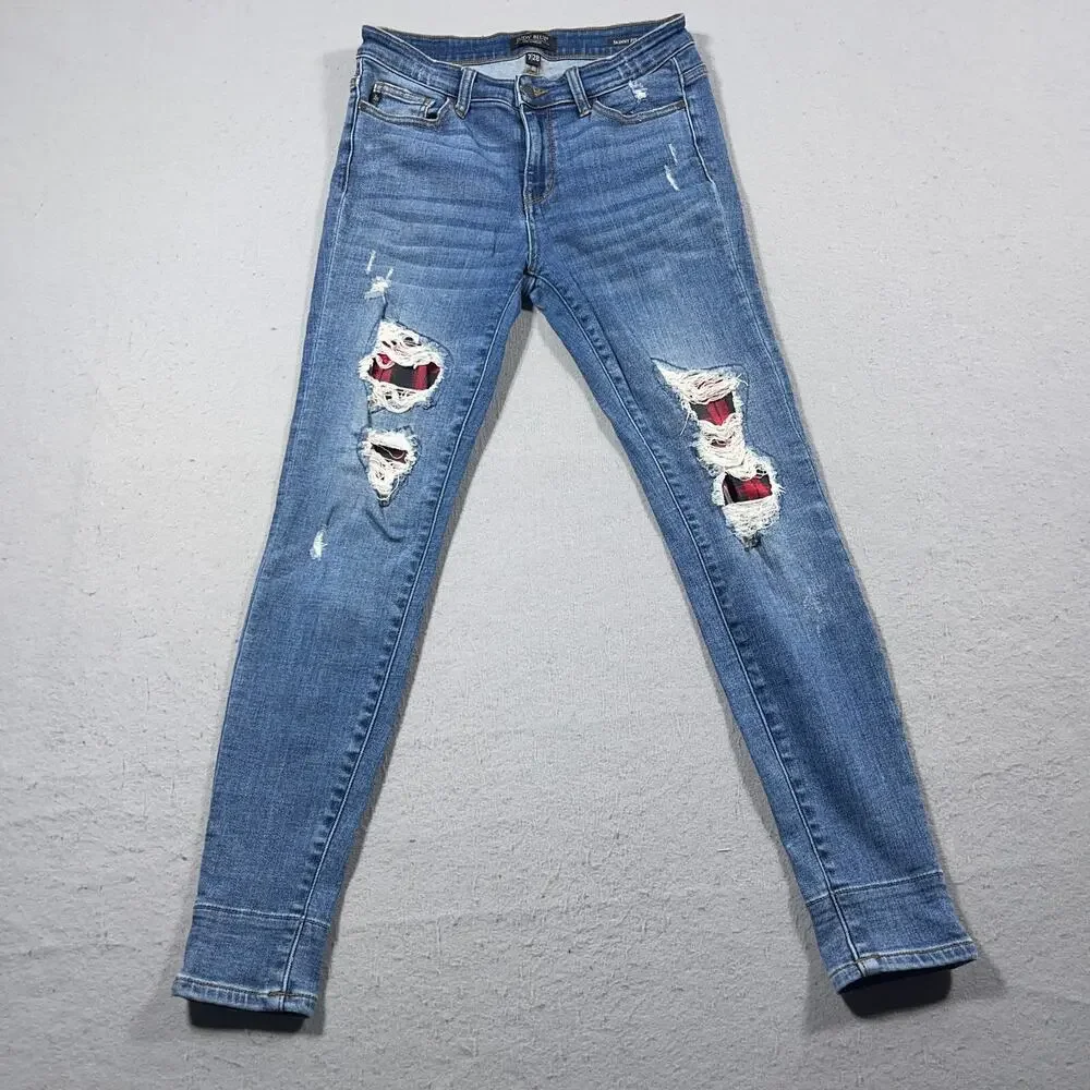 Judy‎ Blue Jeans Womens 7/28  Skinny Fit Distressed Plaid Patch Medium Wash